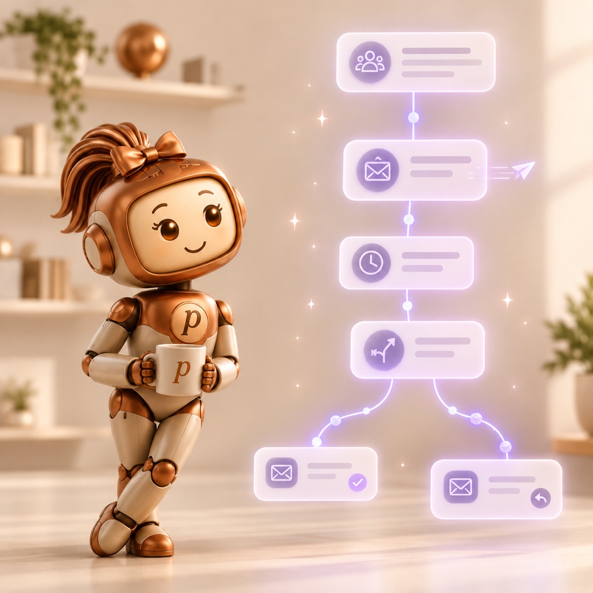 Penny standing back with a mug while an automated email flow runs beside her, branching into two paths