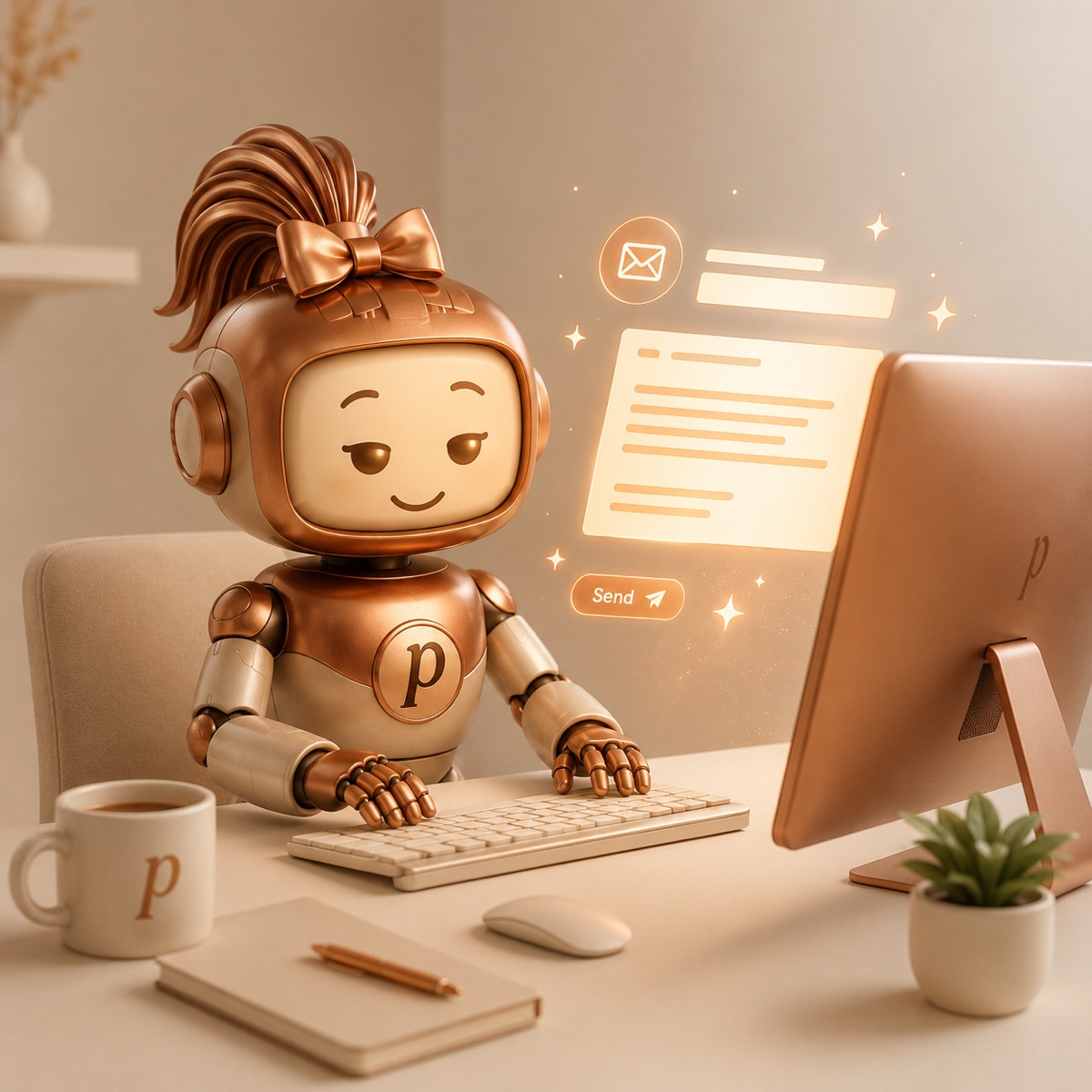 Penny at a desk, drafting an email campaign on a glowing screen